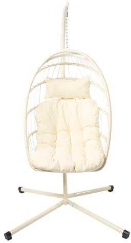 OHS Garden Egg Chair Outdoor Rattan, Hanging Swinging Chair for Patio Furniture Bedroom Outdoor - Indoor Relaxing Comfy Swing with Cushion Included - Cream