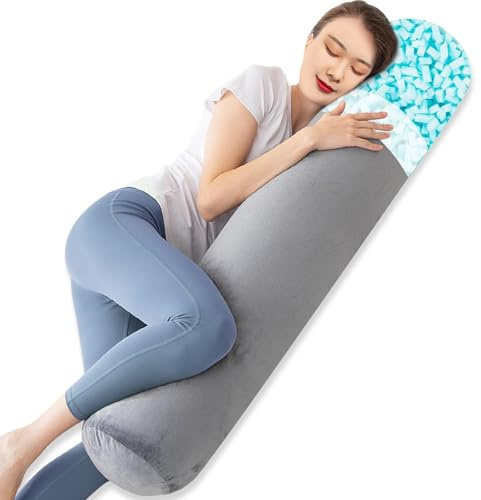 Körperkissen, Memory Foam Runde Körperkissen für Erwachsene, Festes langes Bolster Kissen für Bett, Zylinderrohr Rollenkissen mit Samtbezug (Grau, 120x20cm)