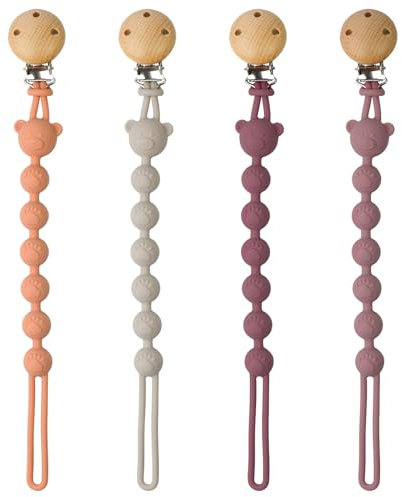 AYSYR Lot de 4 attache-tétines en silicone pour fille et garçon, faciles à nettoyer, attache-tétine et anneau de dentition, design 2 en 1, attache-tétine en bois, aide à la dentition des enfants, 4