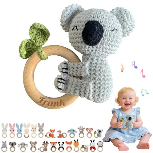 Hochet Bebe & Anneau Dentition Bebe Bois Personnalisé avec Nom Gravé, Hochet Peluche Jouet Bébé 0-12 Mois, sans BPA, pour Dentition Développement Sensoriel Auditif Bébé, Cadeau Baby Shower (23)