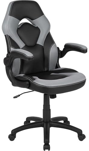 FWStyle Ergonomic Racing Style Desk Chair – Black Faux Leather & Grey Fabric with White Stitching – High Back Office Gaming Chair with Flip-Up Arms, Adjustable Tilt & Height