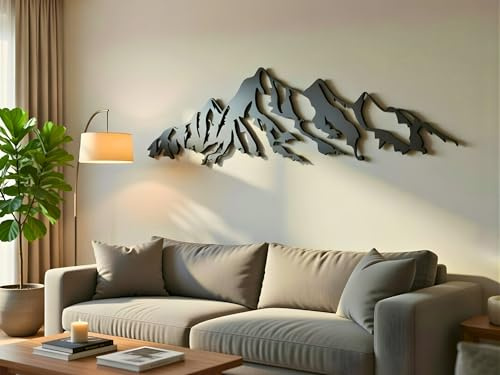 VAILLA Wanddeko Berge Holz 3D – Wandbild Wohnzimmer Schlafzimmer Büro Flur | MDF Sperrholz, Lasergeschnitten, Berglandschaft Alpen, 5 Größen, Schwarz Silber Gold, personalisierbar, Eingang Esszimmer