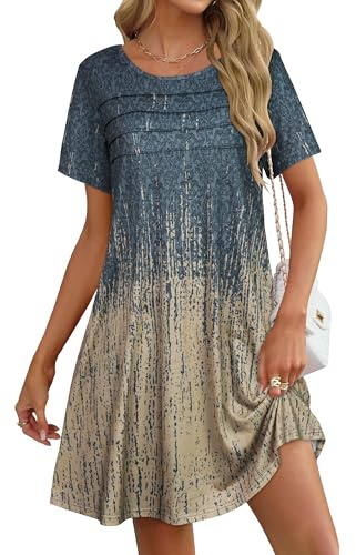 florynova Summer Dresses for Women Short Sleeve Knee Length Sundress Front Pleated T Shirt Dress with Pockets(Grey Khaki Boho,L)