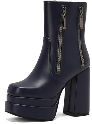 GHSIRUEU Damen Plateau Stiefeletten Blockabsatz Warm Gefüttert Motorradstiefel mit Reißverschluss