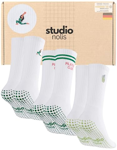 Studio Nolis Pilates Socken Grip 3er Set OekoTex100 Baumwolle Ruschfest | Crew Socks mit Grip Reformer Yoga Gym Matcha Sportsocken