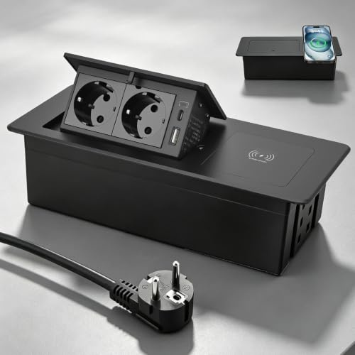 Prise Encastrable avec Chargeur USB-C PD20W et Charge sans Fil 15W, Prise de Bureau 2 Prises pour Plan de Travail Cuisine et Bureau