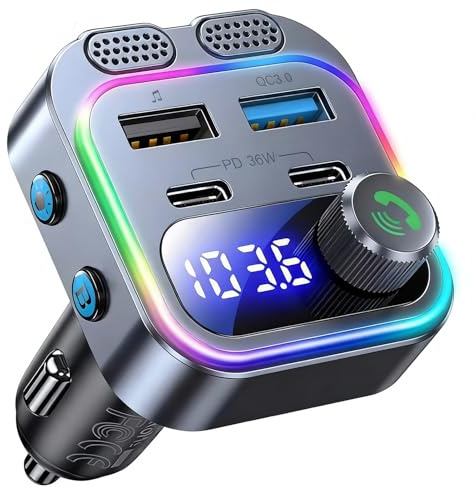 Transmisor FM Bluetooth 5.4 Coche 48W USB-C PD QC Manos Libres | Graves HiFi, Reproduce USB, Compatible 12-24V, Llamadas nítidas, Conexión estable