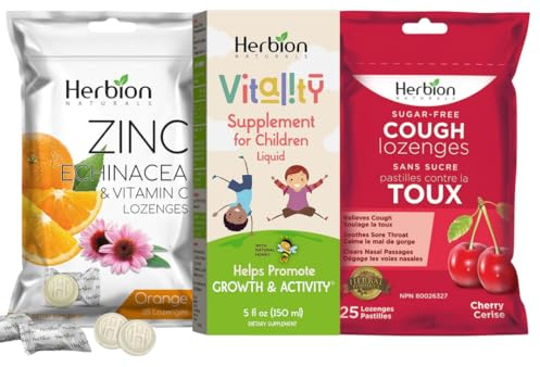 Herbion Naturals Kinder- & Familien-Bundle – Zuckerfreie Kirsch-Hustenbonbons 25 Stk., Zink & Vitamin C Bonbons 25 Stk. & Vitalitäts-Sirup für Kinder 150 ml