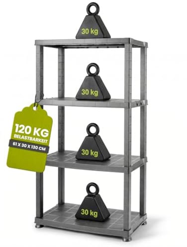 Kreher® Kunststoffregal „Neo“ mit 4 Böden - Steckregal für Haushalt, Keller & Garage - Standregal, Lagerregal & Aufbewahrungsregal - Schwarz oder Grau - Set auswählbar (Grau, 1)