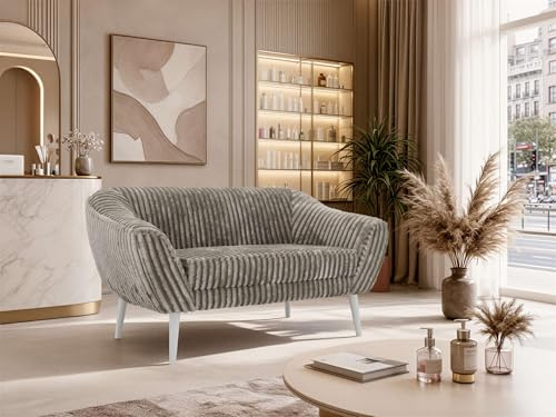 MKS MEBLE Sofa PIRS 2-Sitzer - Skandinavisches Design Couch, Gesteppte Polsterung, Wellenfederung, bequemes Polstersofa für Wohnzimmer - Weiße Beine, Hellbraun Cord