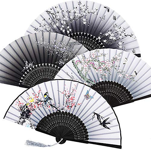 4 Pieces Folding Fans Handheld Fans Bamboo Fans with Tassel Women's Hollowed Bamboo Hand Holding Fans for Wall Decoration, Gifts (Gray Gradient, Pink Plum Blossom, Black Gradient, Pink Peach Blossom)