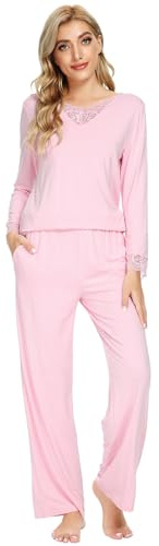 WiWi Bamboo Soft Pajamas Sets for Women Long Sleeve Sleepwear Lace V Neck Top with Pants Plus Size Loungewear S-4X
