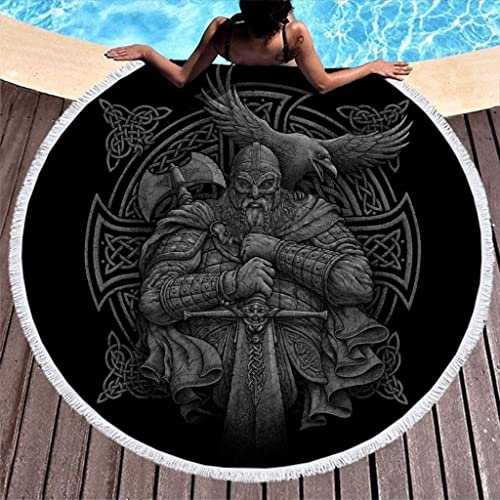 Wandlovers Cool Keltisch Odin Krieger Schwert Axt Rabe Kreuz Knoten Druck Runde Strandtüch mit Quasten Wikinger Helm Geist Nordisch Stranddecke Franse Strandwurf 59 inch
