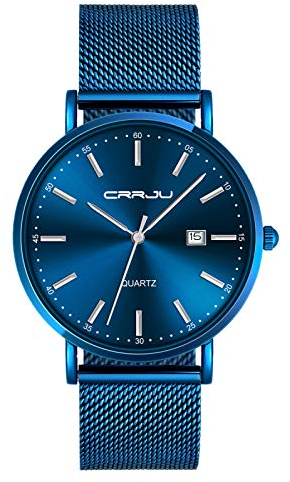 SUPBRO Herren Uhren Ultra Dünne Schwarze Klassische Minimalistische Quartz mit Mesh-Armband Blau