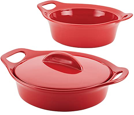 Rachael Ray Solid Glaze Ceramics Casserole Bakers/Baking Dish with Shared Lid Set, 3 Piece, Red