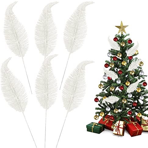 MOTONG 6PCS White Christmas Tree Decorations - 10.6 Inch Glitter Feathers, Artificial Glittery Christmas Tree Feather Ornament Baubles for Wedding, Home Xmas Decorations
