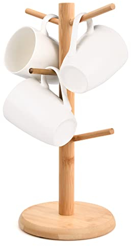 Chstarina Wooden Mug Tree Stand Set of 6 Cups Mug Holder Mug Rack Wood Cup Holder Storage Organizer Display Stand Kitchen Storage Rack with Anti-Slip Weighted Base for Coffee Tea Mugs Cups… (Round)