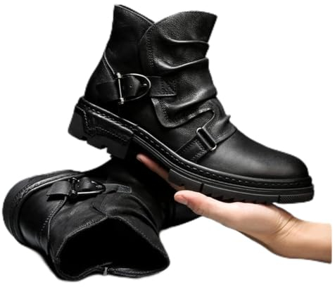 PEKMAR Herren Retro Cowboy Stiefel Western Stiefel Herren Square Heel High Top Herrenschuhe Runde Kopf Ritter Schuhe PU Leder Kampfstiefel,Schwarz,43