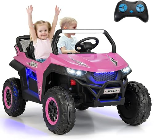 2 Seater Ride on UTV Car, Battery Powered Truck w/Remote Control, Spring Suspension, High/Low Speed, Storage, Music, USB, Ambience Lights, Electric Vehicle for Kids (Pink)