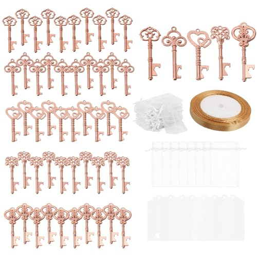 Ruspela Lot de 50 décapsuleurs en forme de clé pour dragées de mariage vintage avec cordon de serrage avec étiquettes et ruban pour fête de mariage, bonbonnières, décoration rustique