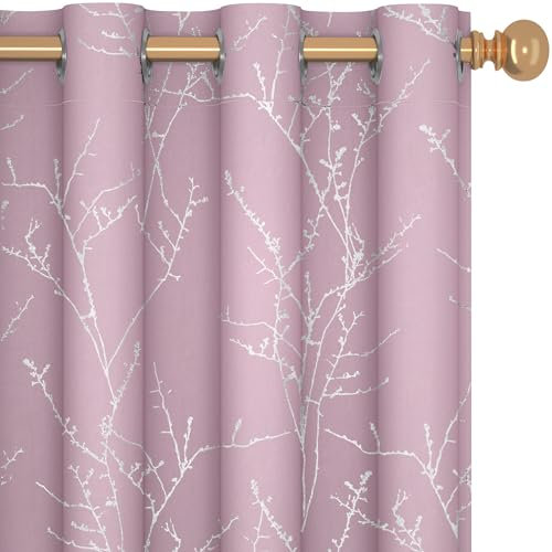 Deconovo Blackout Thermal Curtains Eyelet, Tree Branches Printed Curtains for Bedroom, Baby Pink, 46 x 72 Inch (Width x Length), 2 Panels