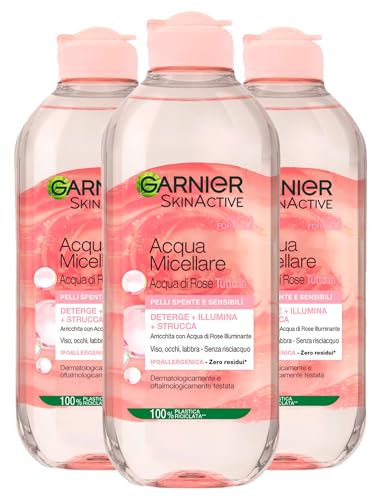 Garnier SkinActive Acqua Micellare Illuminante Formula con Acqua di Rose per Pelli Spente e Sensibili Deterge Illumina Strucca Senza Risciacquo - 3 flaconi da 400ml