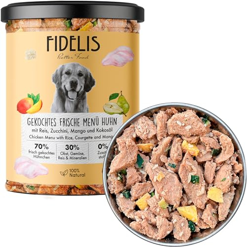 Fidelis – Gekochtes Frische-Menü Hunde mit Huhn, Reis, Zucchini & Mango (6 x 400g Glas) – Hundefutter mit 70% Fleischanteil & frischen Zutaten – Nassfutter ohne Zusätze & ungekühlt haltbar