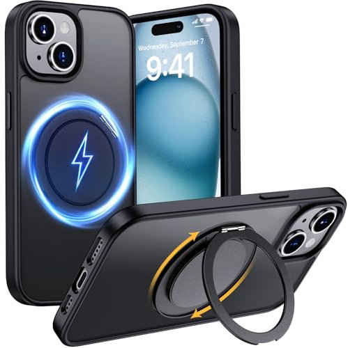 Aunote Magnetisch Hülle für iPhone 15 6,1 Zoll Kompatibel mit MagSafe, Stoßfest Matt Handyhülle mit Unsichtbar Ständer, Kratzfeste Rückseite Schutzhülle (Schwarz)