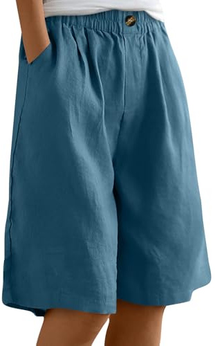 Chicpant Womens Cotton Linen Knee Length Shorts Summer Button with Pocket | Elastic Waist,for Beach Walking Sport Short,Casual,Gym Shorts For Women