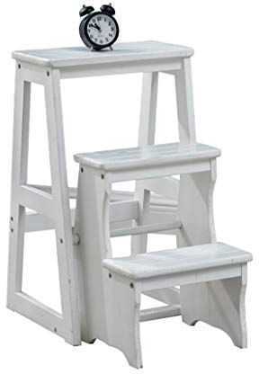 Klapptreppe Klapptritt Klappleiter Hocker aus Holz 3 Stufen Leicht und Klappbar Tritthocker für Zuhause Bibliothek Loft Leiterregale - 150kg Kapazität (weiß)