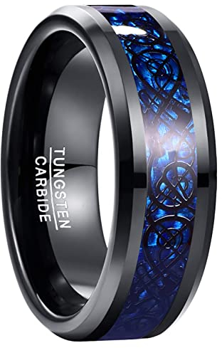 NUNCAD Wolfram Ring Herren 8mm Keltische Drachenring Schwarz Eheringe mit Blau Kohlefaser für Männer Größe 62(19.7)