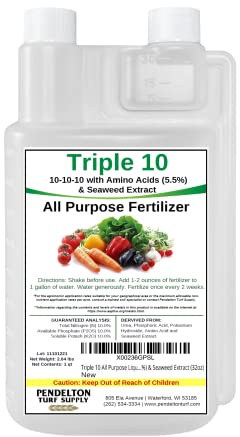 Triple 10 All Purpose Liquid Fertilizer 10-10-10 with Amino Acids (5.5%) & Seaweed Extract (32oz)