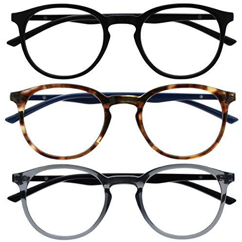 OPULIZE Met Lesebrille 3er Pack Schlank Runder Rahmen Federscharniere Kratzfest Schwarz Braun Transparent Grau Herren Damen RRR60-127 +3.00