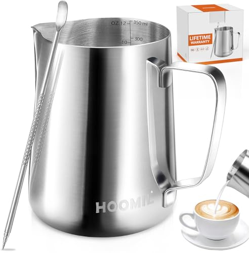 Milk Frothing Pitcher, HOOMIL Stainless Steel Espresso Steaming Pitcher 12OZ/350ML Coffee Milk Frother Cup with Decorating Art Pen for Espresso Machine, Milk Frother, Latte Art
