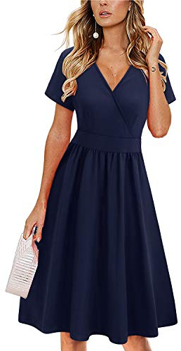 VOTEPRETTY Sommerkleid Damen Knielang Kleid Kurzarm V Ausschnitt Wickelkleid Blumen Midikleid mit Taschen(Marine,S)