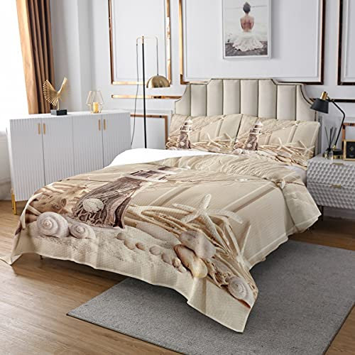 Nautische Tagesdecke, Sea Beach Gesteppte Bettdecke 240x260 für Kinder Schlafzimmer für Erwachsene, modernes Fischernetz Muscheldecke Set Marine Beach Bettwäsche Kollektion mit 2 Kissenbezüge, Beige