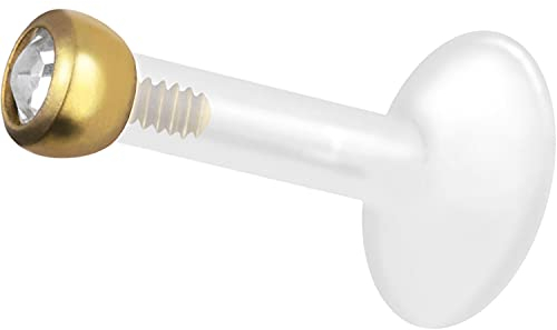 PIERCINGLINE PTFE Labret mit Gewinde TITAN AUFSATZ KRISTALL 2 mm Piercing Lippe Nase Ohr Goldfarben 1,2 x 10 mm