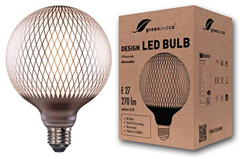 greenandco Vintage Design LED Lampe silber gemustert | Rauten | dimmbar | E27 G125 | 4W 270lm | CRI90+ | 2700K warmweiß | zur Stimmungsbeleuchtung | flimmerfrei | 360° | 230V