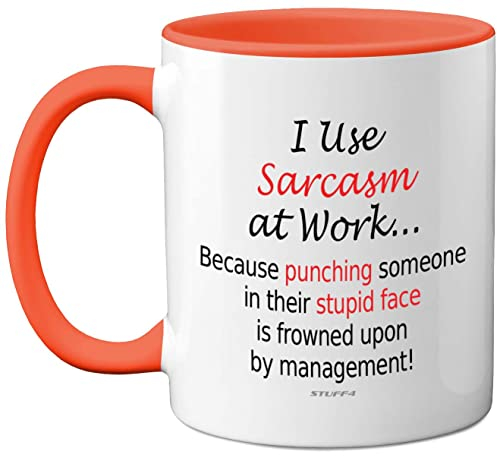 Funny Mugs for Men & Women - I Use Sarcasm at Work Novelty Mugs for Colleagues, Secret Santa, Christmas Birthday Gifts, 11oz Dishwasher Safe Orange Handle Mug