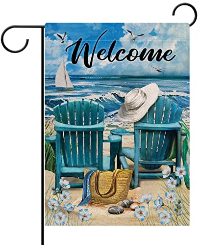 Hzppyz Willkommen Sommer Blau Meer Ozean Stühle Myosotis Sylvatica Blume Strand Gartenflagge, Küste nautische Möwe Segelboot Tasche Hut Dekorative Haus Hof Outdoor Kleine Dekoration, tropisches