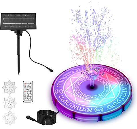Kavolet Pompe de Fontaine Solaire avec lumière RVB, Fontaine à Eau Solaire 6 W, Volume de pulvérisation réglable, 6 Modes d'éclairage, avec télécommande, Panneau Solaire, 3 Buses, pour Jardin, étang