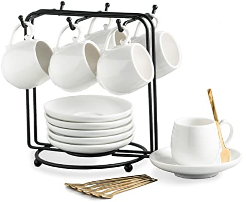 LYEOBOH Lot de 6 tasses à expresso avec soucoupes, support en métal et cuillères en céramique, pour expresso, latte, café, moka et thé, 88 ml, blanc