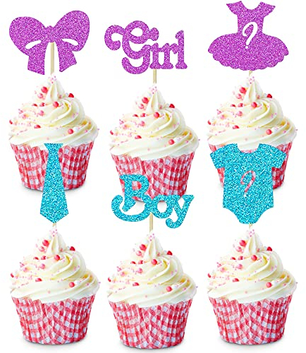 Gender Reveal Cake Toppers 24Pcs Boy or Girl Cupcake Toppers Glitter Baby Shower Cake Toppers Cute Glitter Cupcake Picks for Kids Birthday Baby Gender Reveal Cake Decorations Supplies