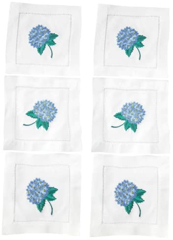 HCRAFT Bestickte weiße Cocktail-Servietten, 15.2x15.2 cm, 6 Stück, Stoffservietten-Untersetzer, Hortensien-bestickte Cocktail-Servietten für Weihnachten, Leiter-Hohlsaum, tolle Geschenkideen