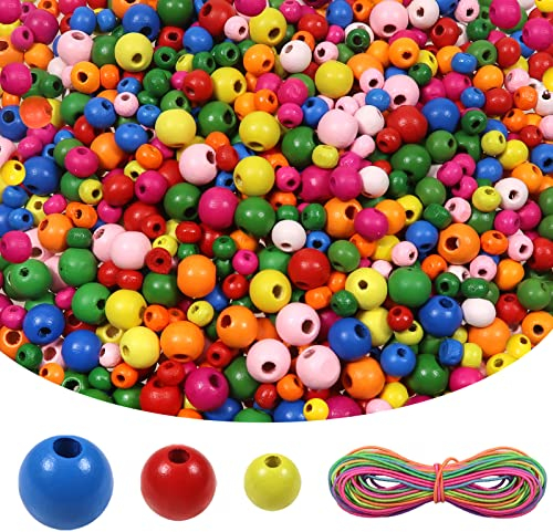 TOAOB 1000 Pièces Perles en Bois Colorées Rondes en Naturel en Vrac 6mm 8mm 10mm avec 5m Ligne D'étirement de Couleur pour Fabrication de Bijoux Bracelets DIY Décoration Artisanat Accessoire