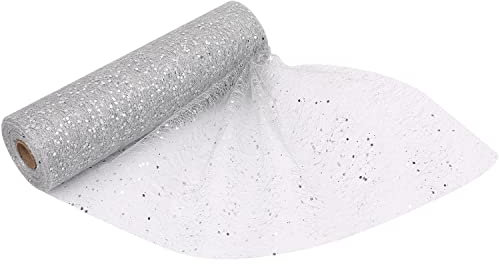 29cm x 25m Organza Roll Snow Sheer Fabric - Glitter Roll for Christmas Chair Bows, Table Runners, Dress Accents, Crafting Supplies for Ribbons, Party Favours, Mesh with Glitter Sequin - Silver