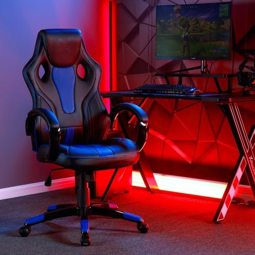 X-Rocker Maverick Gaming Racing Desk Chair, Adjustable Computer Office Chair with Mid-Back Support, PU Leather Height Adjustable Swivel Base with Natural Lumbar Support Curve - Black/Blue