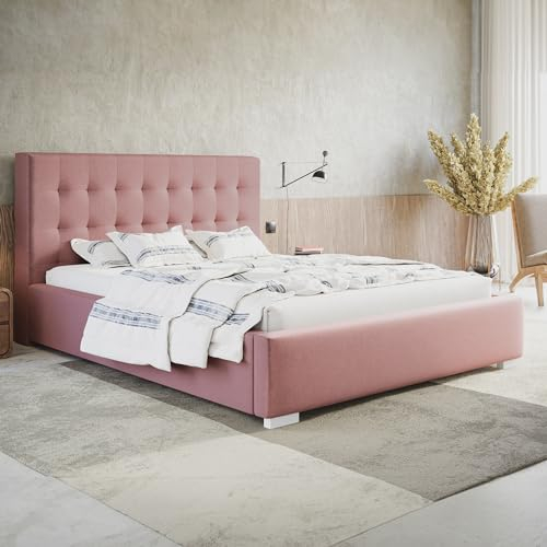 MOTIVENA Deli Polsterbett 120x200 Mit Bettkasten, Lattenrost Und Stauraum, Samt Kopfteil, Ohne Matratze, Rosa (Pink)