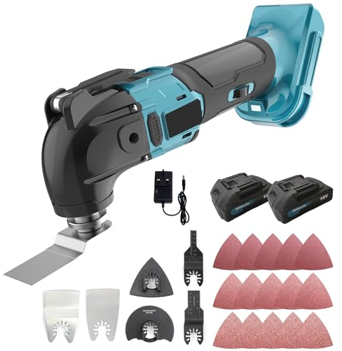 Akku-Multifunktionswerkzeug, Ersetzen für Makita,mit 2 x 3000mAh Akku, 21 tlg Zubehör Variable Geschwindigkeit und 4° Oszillationswinkel 18V Bürstenmotor Oszillierend zum Schneiden Entfernen