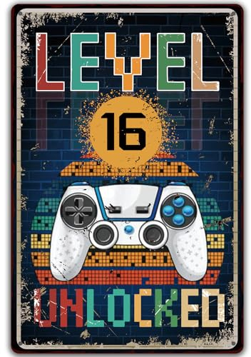 Retro Blechschild 16. Geburtstag Junge, Level 16 UNLOCKED, 16 Jahre Geburtstag Deko, lustiges Geburtstagsschild 16, Gamer Geburtstagskarte 16, Teenager Metallschild Geschenk Gamer Geburtstagsgeschenk
